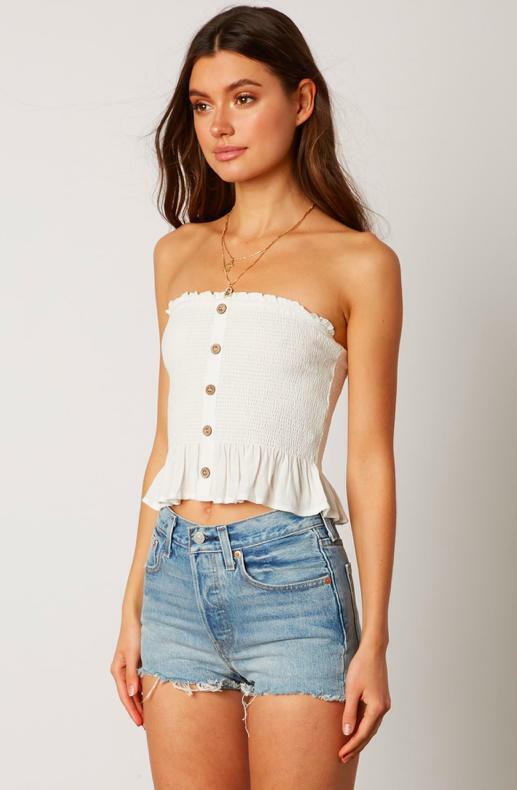 Jenna White Button-Down Strapless Smocked Top -  BohoPink