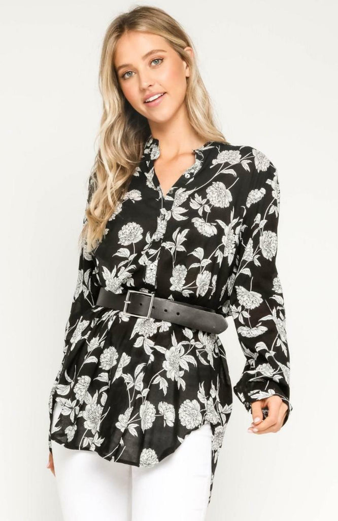 Black and White Floral Collarless Tunic Top