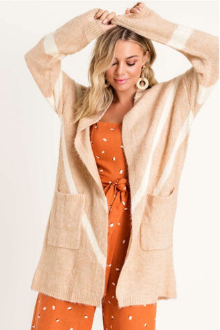 Taupe chevron striped oversized knit cardigan with pockets for women
