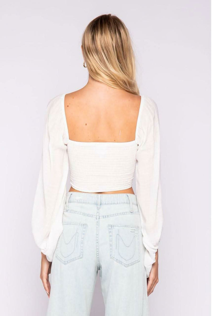 Je T'aime White Bubble Sleeve Crop Top - back view of a cute white crop top