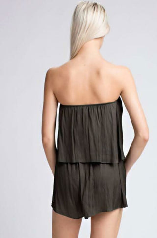 Gaea Olive Green Satin Strapless Romper back