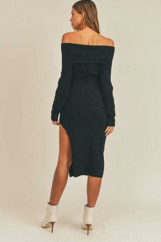 Black Dress - Off-the-Shoulder Sweater Midi Dress
