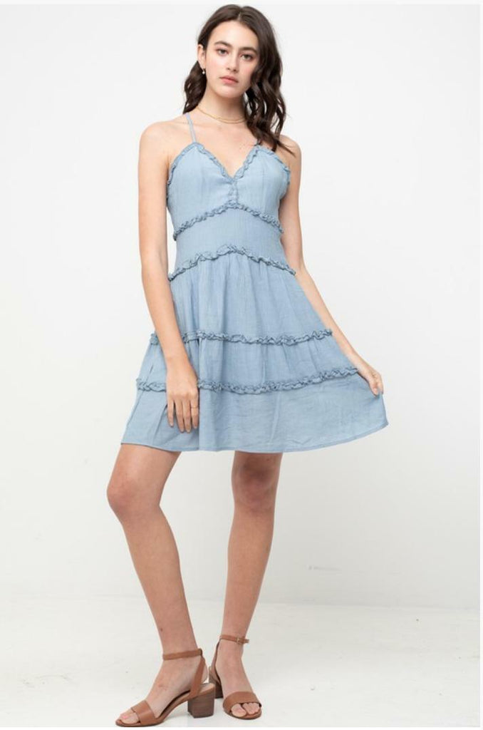 Gina Chambray Blue Ruffle Mini Dress -  BohoPink