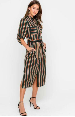 Laura Navy and Rust Striped Midi Shirt Dress - Side View