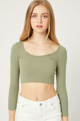 Olive Ribbed Three-Quarter Sleeve Crop Top 