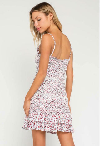 Rhea White and Red Floral Smocked Ruffle Mini Dress back view