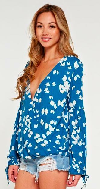 Blue and White Wrap Top