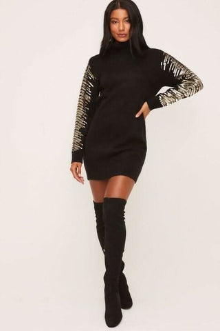 Kiara Black Long Sleeve Turtleneck Sweater Dress styled for holiday with high knee boots