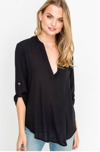 See That Girl Black Roll Tab Sleeve Top - Side Angle View