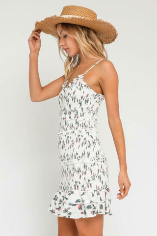 Rhea White and Red Floral Smocked Ruffle Mini Dress side view