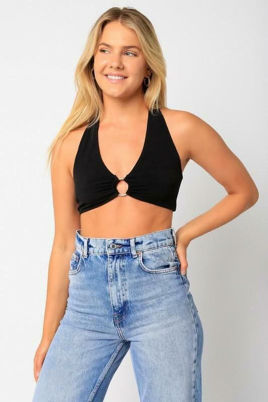 Black Center Ring Halter Crop Top 