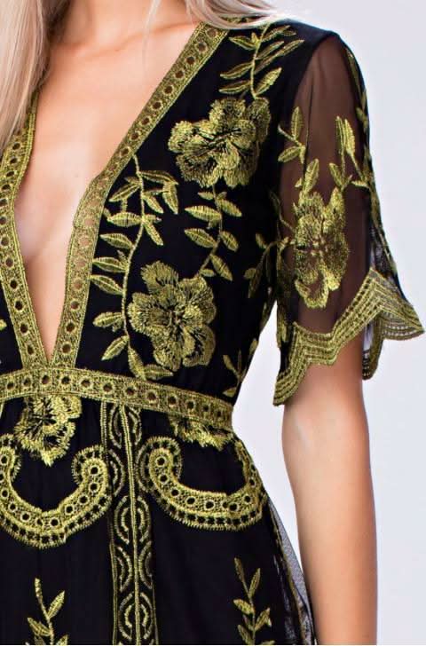 Gold & Black Lace Deep V-Romper