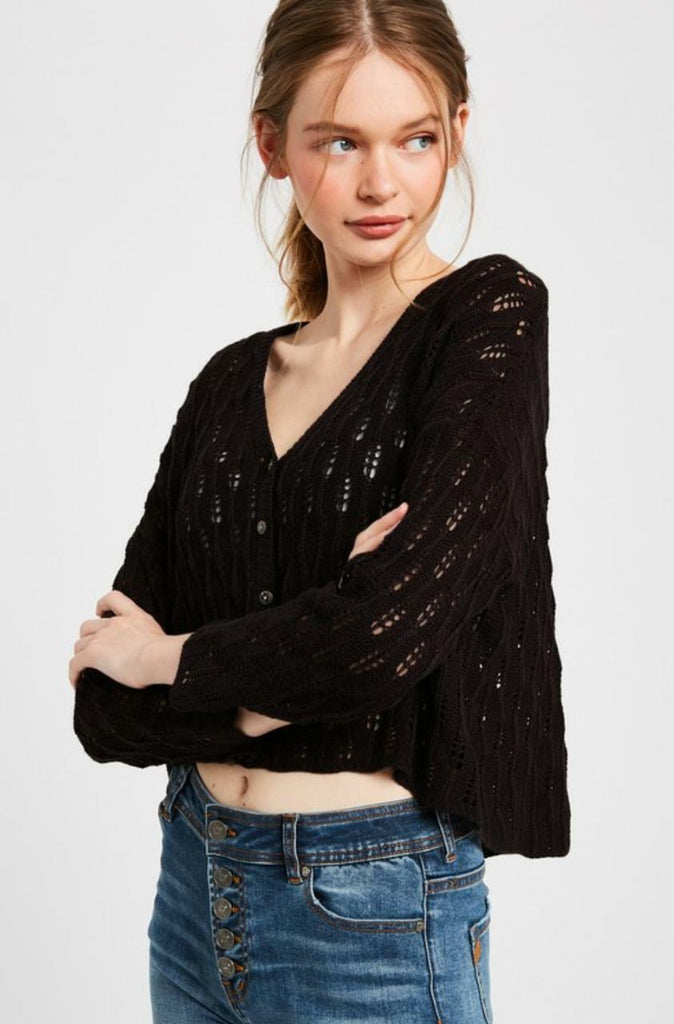 Black Crochet Cropped Cardigan Sweater