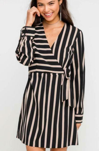 Joanna Black and Taupe Stripe Wrap Dress - Close-Up