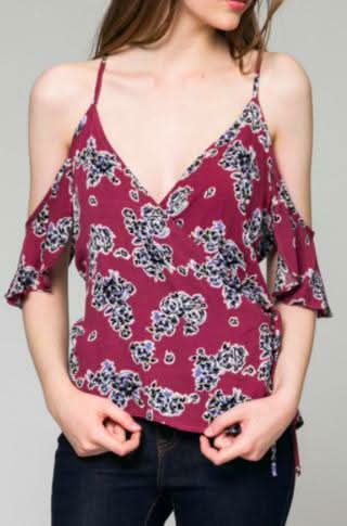 Wine Floral Cold Shoulder Top