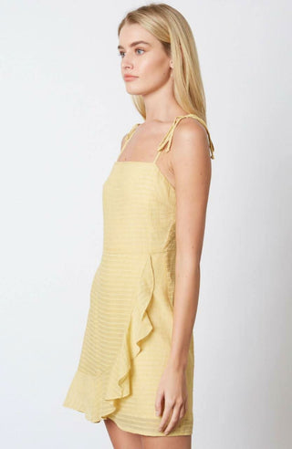 Yellow graduation mini dress with self tie straps - side tie