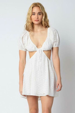 Ivory eyelet puff sleeve mini dress from our white graduation dresses collection
