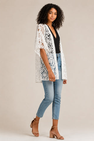 Watch and Learn White Crochet Lace Kimono - Side View