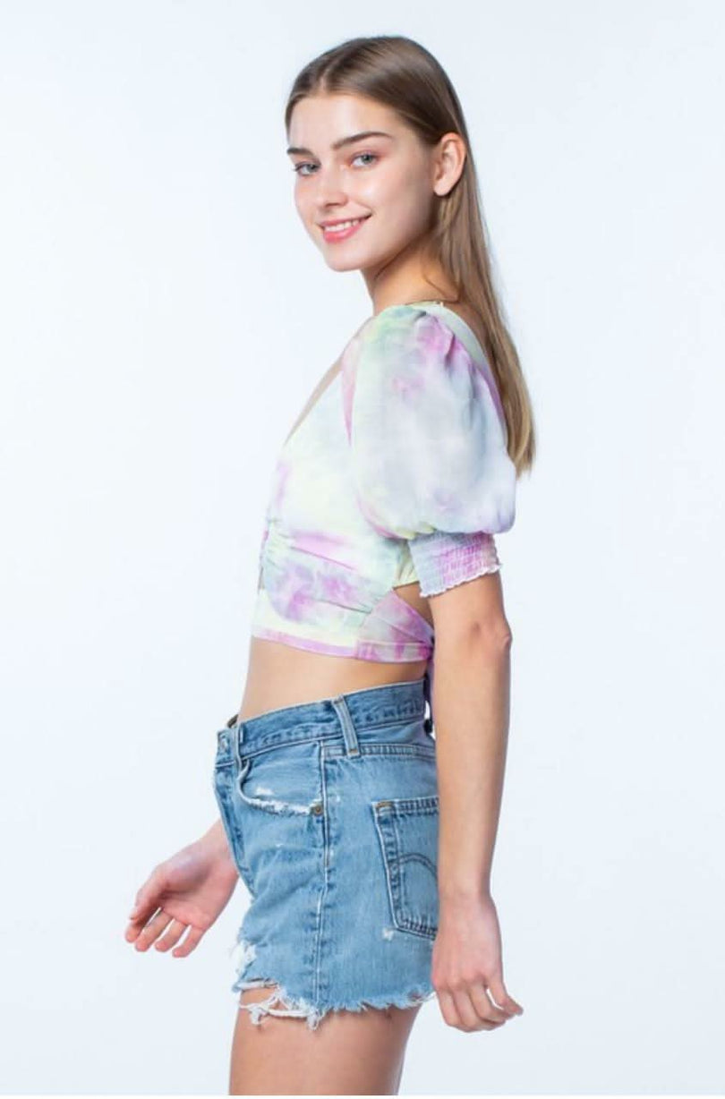 Tie-Dye Puff Sleeve Crop Top 