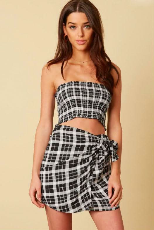 Plaid Smocked Tube Top and Wrap Skirt