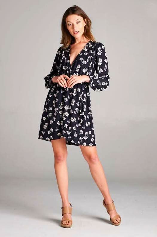 Navy Floral Long Sleeve Wrap Dress