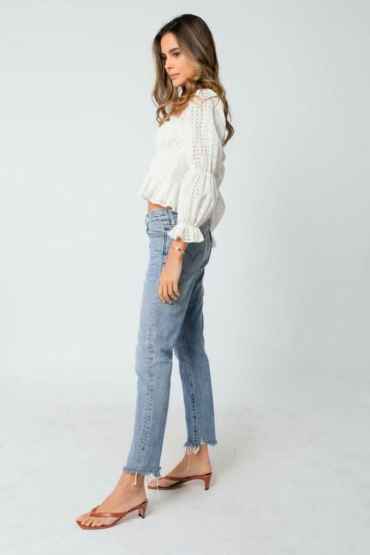 White Eyelet Long Bubble Sleeve Top