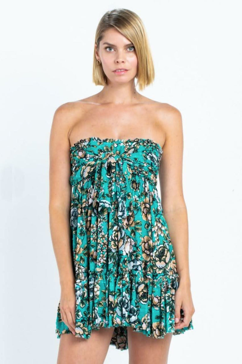 Saint-Tropez Jade Green Floral Print Strapless Dress - strapless mini dress