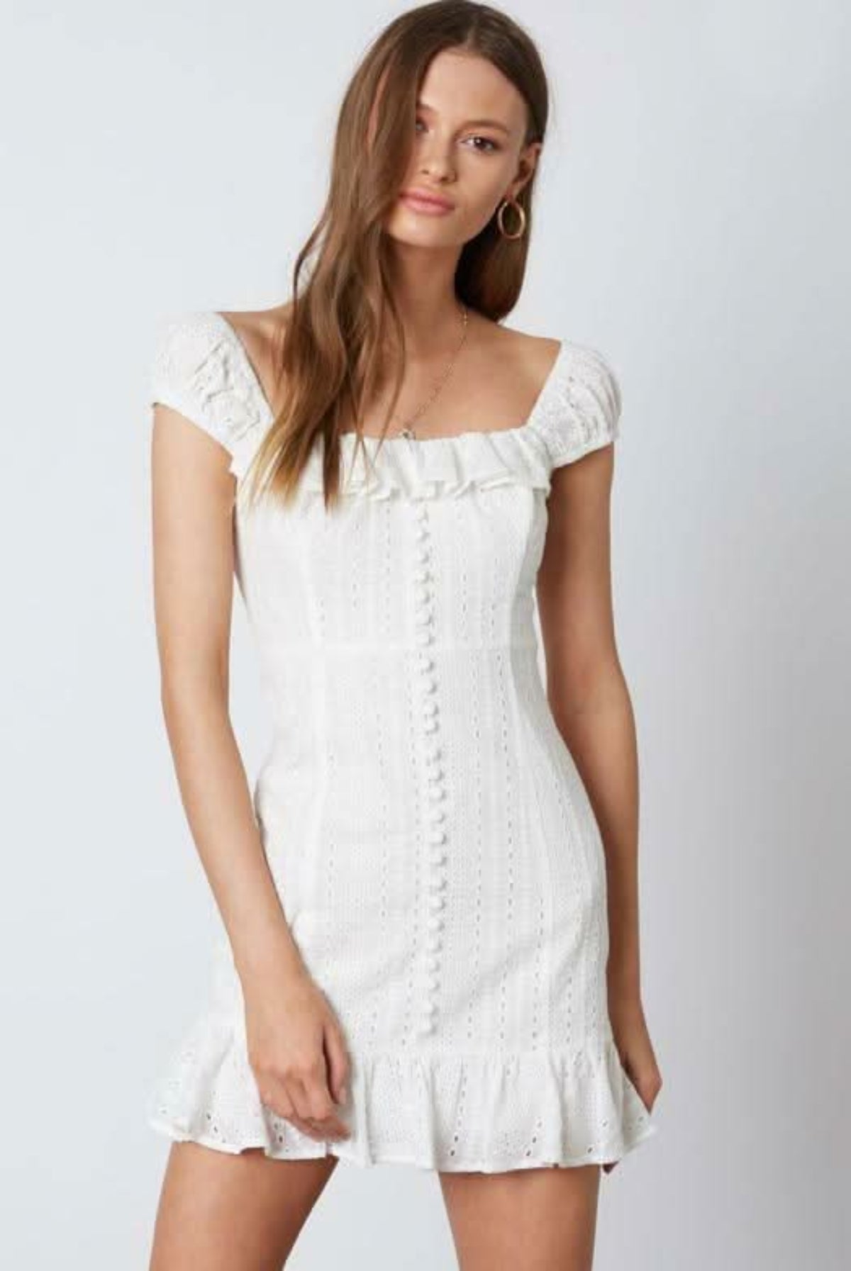 Cotton Candy LA Pure Devotion White Eyelet Ruffled Mini Dress - Size L - Final Sale - Ruffled Shoulder Straps - A-Line Skirt