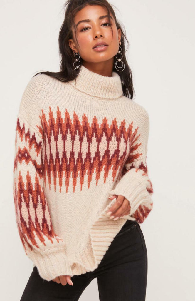 Beige Print Turtleneck Sweater