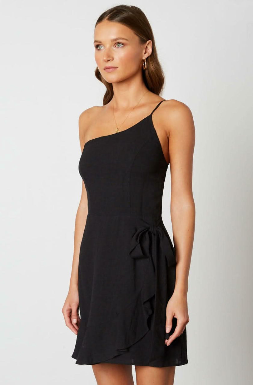 Black One-Strap Ruffle Wrap Mini Dress