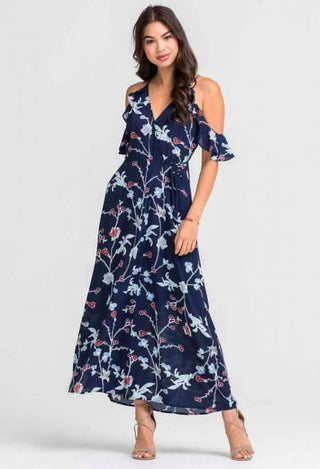 Grace Navy Floral Cold-Shoulder Maxi Dress - Front View