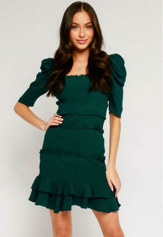 Naomi Green Smocked Puff Sleeve Mini Dress front