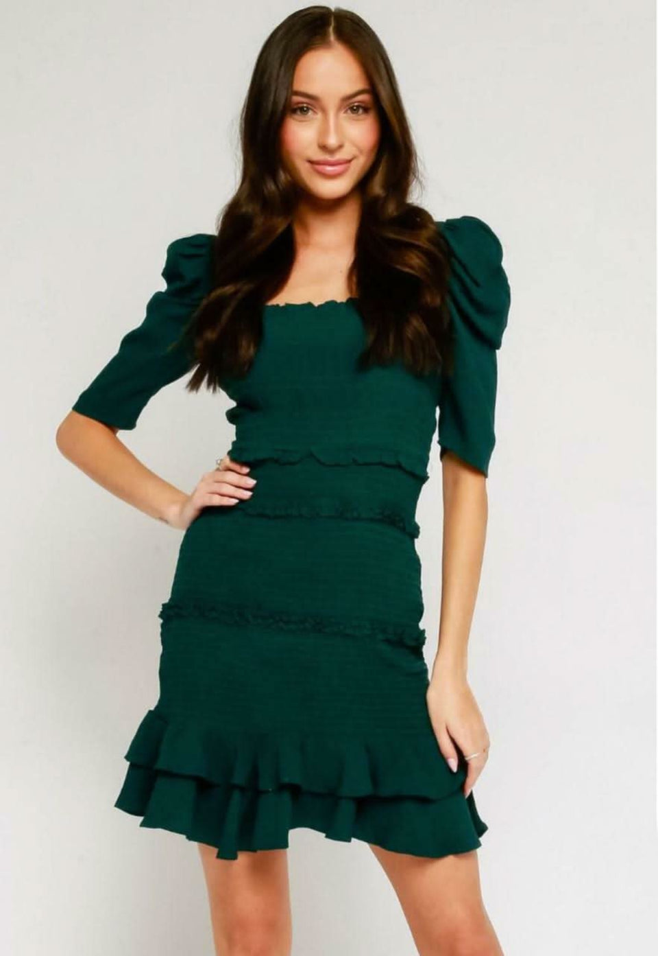 Naomi Green Smocked Puff Sleeve Mini Dress front