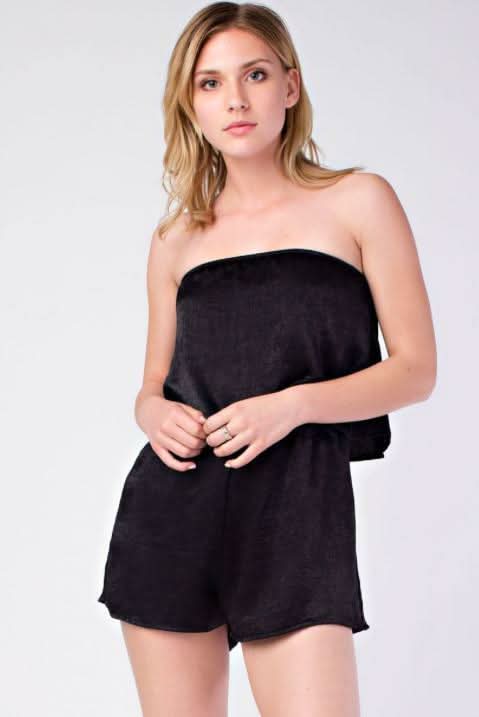 Black Satin Strapless Romper