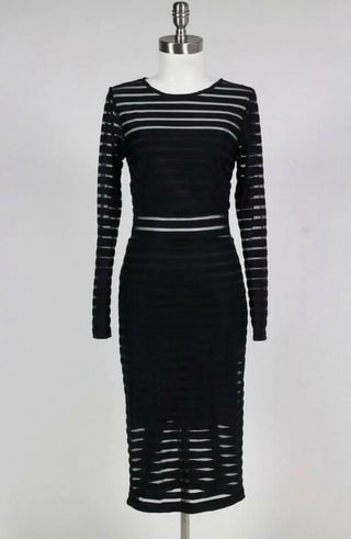 Black shadow striped long sleeve midi dress with bodycon fit