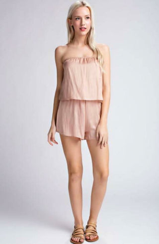 Gaea Champagne Blush Satin Strapless Romper outfit view