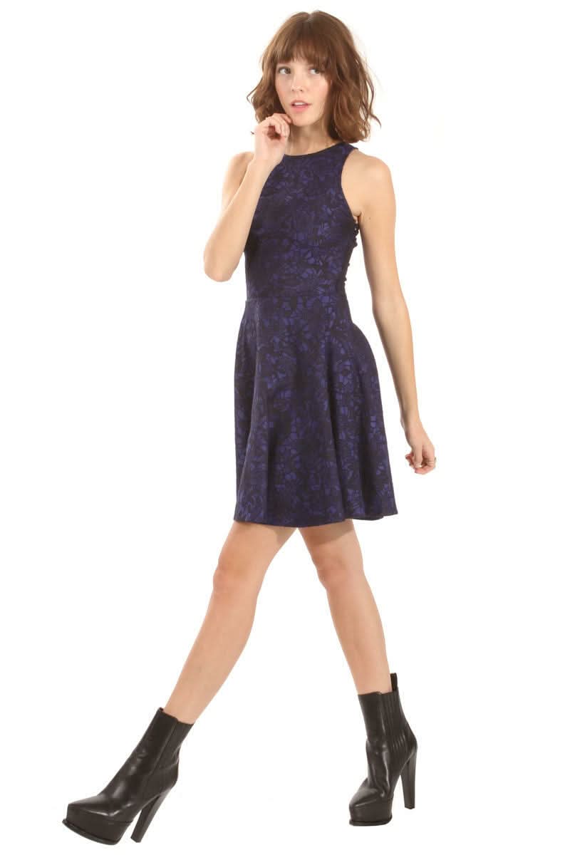 Black Jacquard Print Fit and Flare Mini Dress