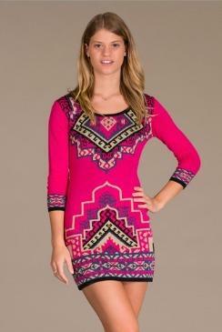 Fuchsia Boho Print Sweater Dress