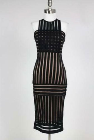 Rules of Intent Sheer Striped Black Body-Con Midi Dress styled on a mannequin