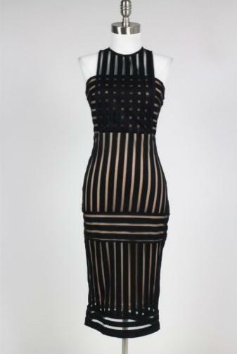 Black Mesh Striped Midi Dress