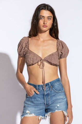 Brown Eyelet Lace Puff Sleeve Crop Top