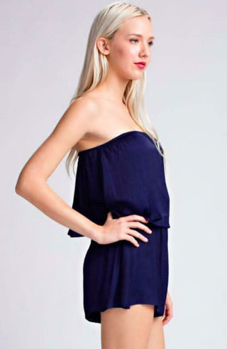 Gaea Navy Satin Strapless Romper side view