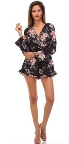 Creve Coeur Navy Bell Sleeve Floral Romper - Outfit View