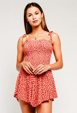 Monika Orange Leaf Print Smocked Romper - Summer Romper Front View