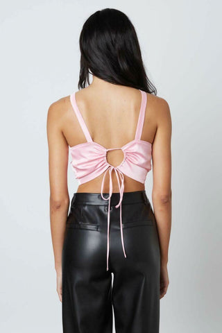 Pink satin lace-up back crop top with halter neckline