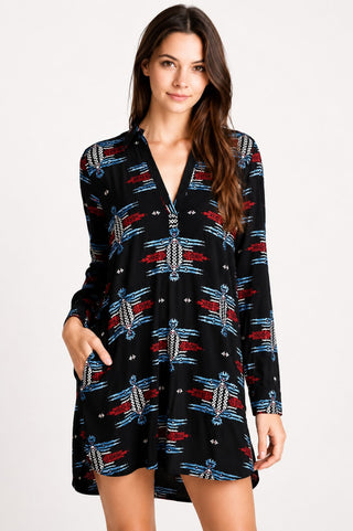 Desiree Embroidered Black Long Sleeve Tunic Dress - Front View