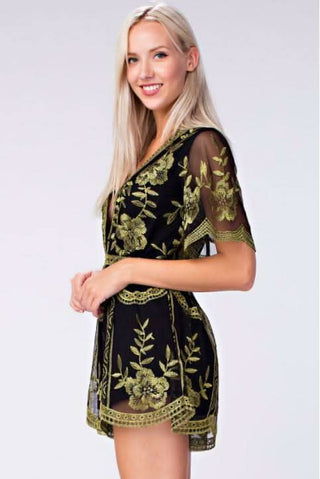 Endless Lace Black and Gold Deep V Romper - Side View