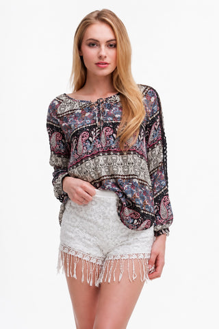 Find A Way Black Paisley Peasant Blouse - Front View