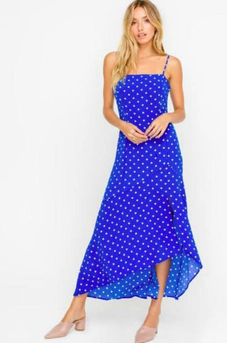 Kayla Cobalt Blue Polka Dot Midi Dress styled with nude heels 