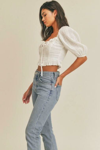 Kimberly White Square Neck Puff Sleeve Crop Top - Side View